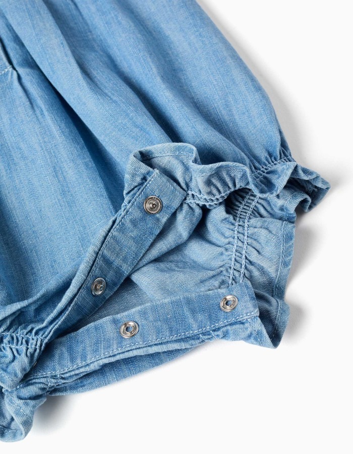 Sleeveless denim romper with ruffles for newborn girls, blue