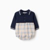 Dual-fabric romper with check pattern for newborn boys, multicolour