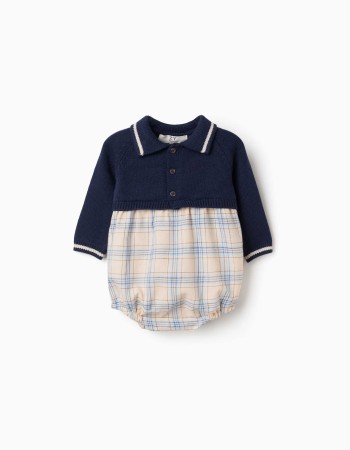 Dual-fabric romper with check pattern for newborn boys, multicolour