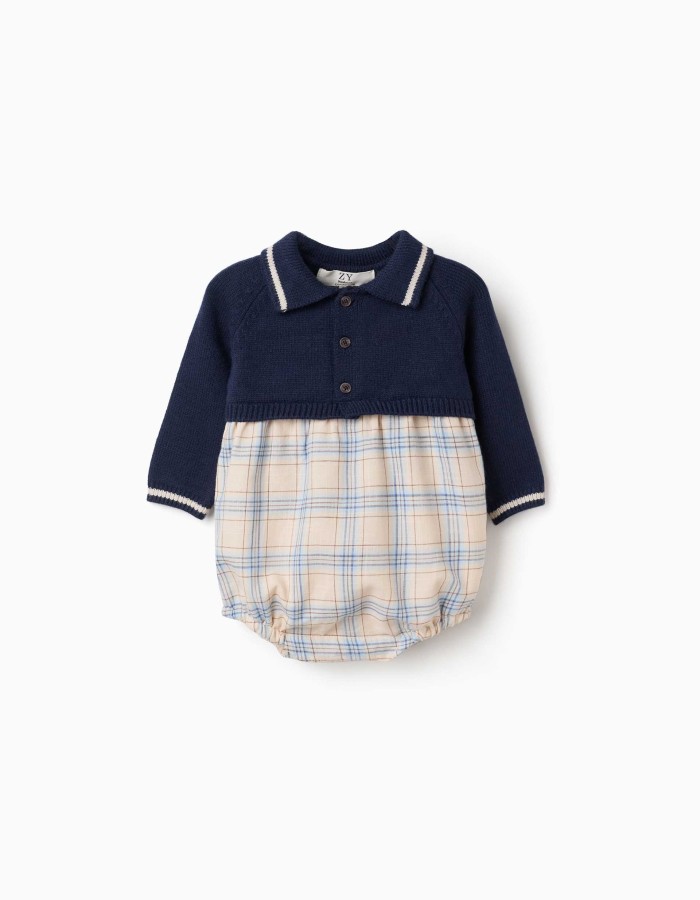 Dual-fabric romper with check pattern for newborn boys, multicolour