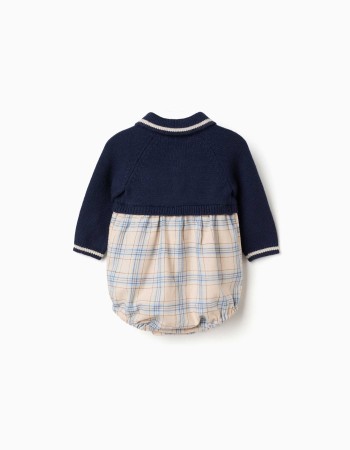 Dual-fabric romper with check pattern for newborn boys, multicolour