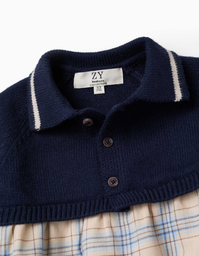 Dual-fabric romper with check pattern for newborn boys, multicolour