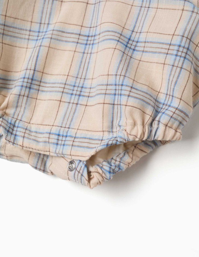 Dual-fabric romper with check pattern for newborn boys, multicolour