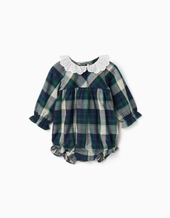 Checked cotton romper B&S for newborn girls, blue/green/beige