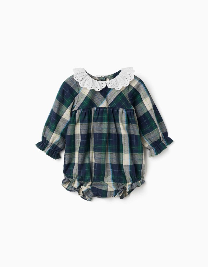 Checked cotton romper B&S for newborn girls, blue/green/beige