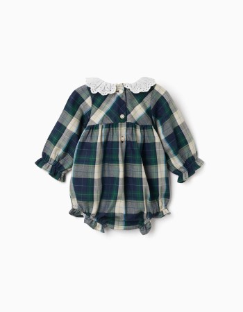 Checked cotton romper B&S for newborn girls, blue/green/beige