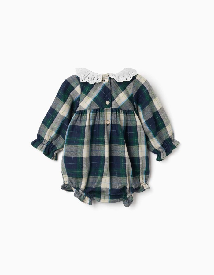 Checked cotton romper B&S for newborn girls, blue/green/beige