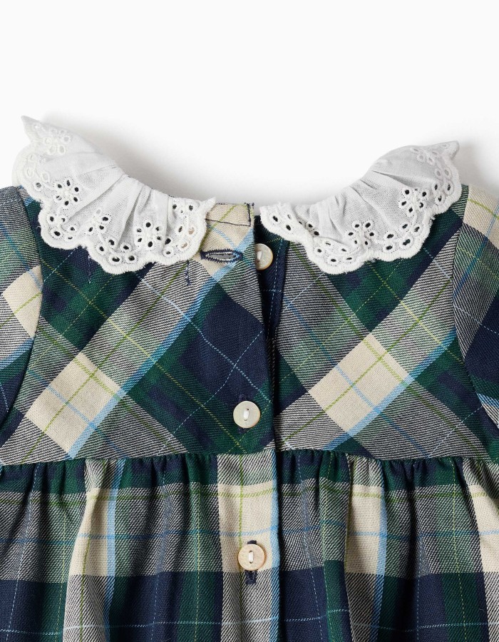 Checked cotton romper B&S for newborn girls, blue/green/beige