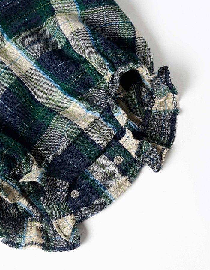 Checked cotton romper B&S for newborn girls, blue/green/beige