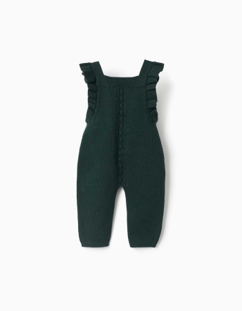 Knitted jumpsuit with ruffled straps for newborn girls, dark green