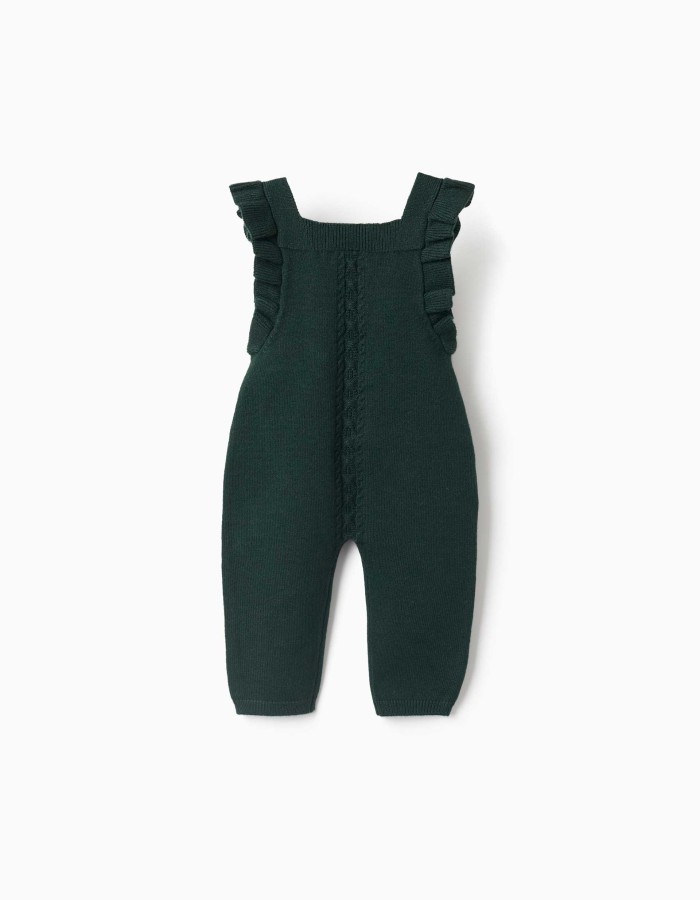 Knitted jumpsuit with ruffled straps for newborn girls, dark green