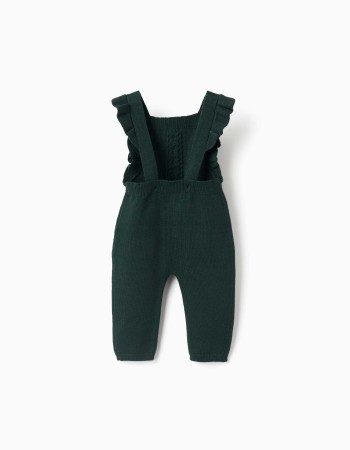 Knitted jumpsuit with ruffled straps for newborn girls, dark green