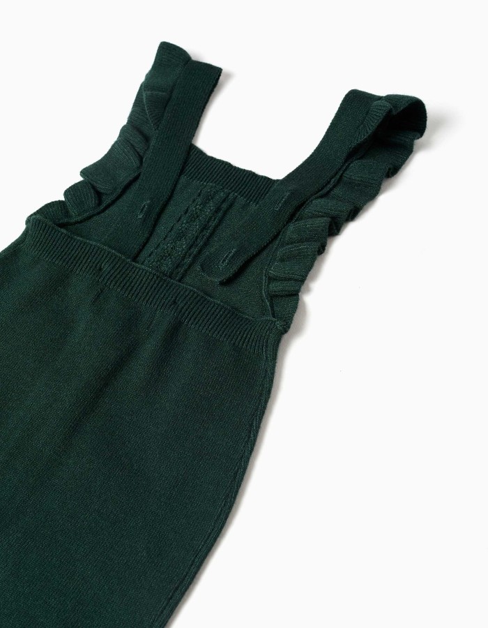 Knitted jumpsuit with ruffled straps for newborn girls, dark green