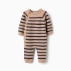Knitted jumpsuit with stripes for newborn boys, beige/navy blue