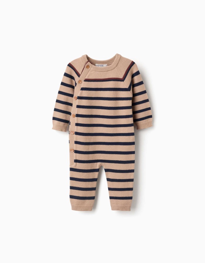 Knitted jumpsuit with stripes for newborn boys, beige/navy blue