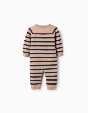 Knitted jumpsuit with stripes for newborn boys, beige/navy blue