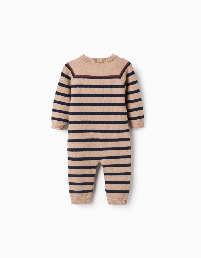 Knitted jumpsuit with stripes for newborn boys, beige/navy blue