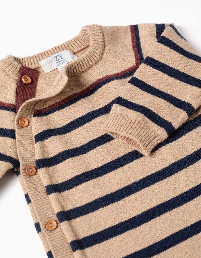 Knitted jumpsuit with stripes for newborn boys, beige/navy blue
