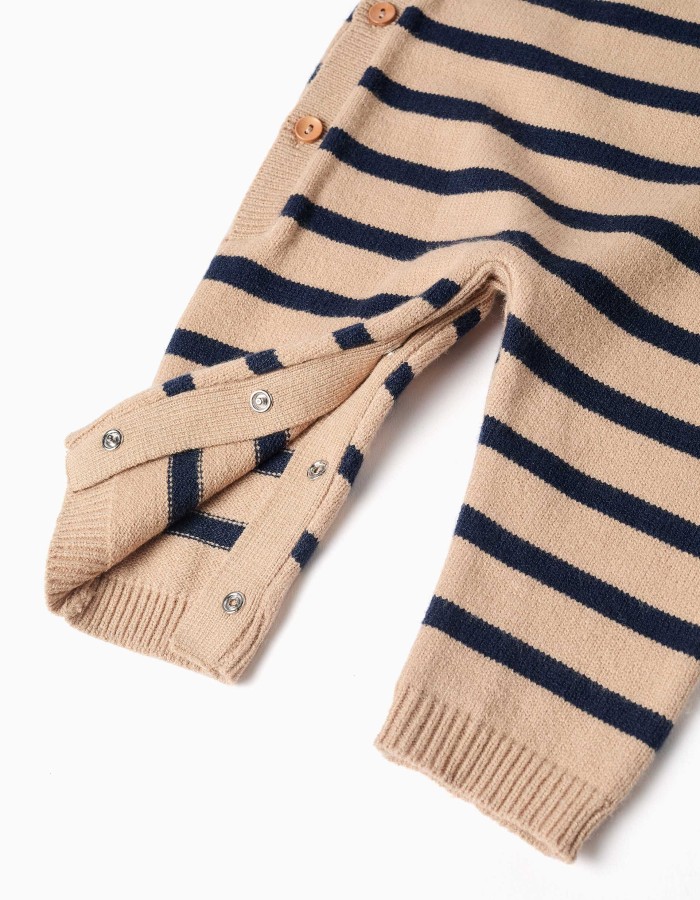 Knitted jumpsuit with stripes for newborn boys, beige/navy blue