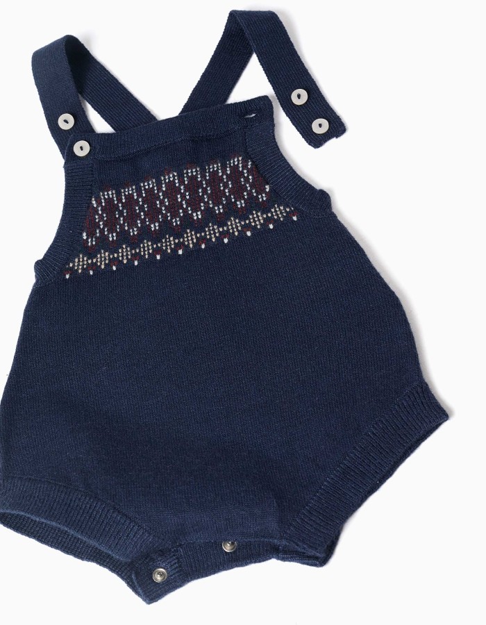 Knitted romper with jacquard pattern for newborns, navy blue