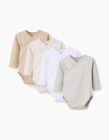 Pack of 4 Cotton Wrapover Bodysuits for Newborns and Babies 'Pastel', White/Beige