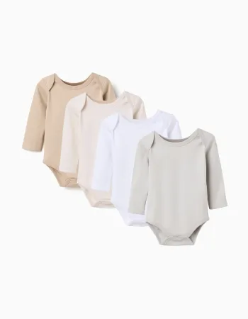 Pack of 4 Cotton Bodysuits for Newborns and Babies 'Pastel', White/Beige