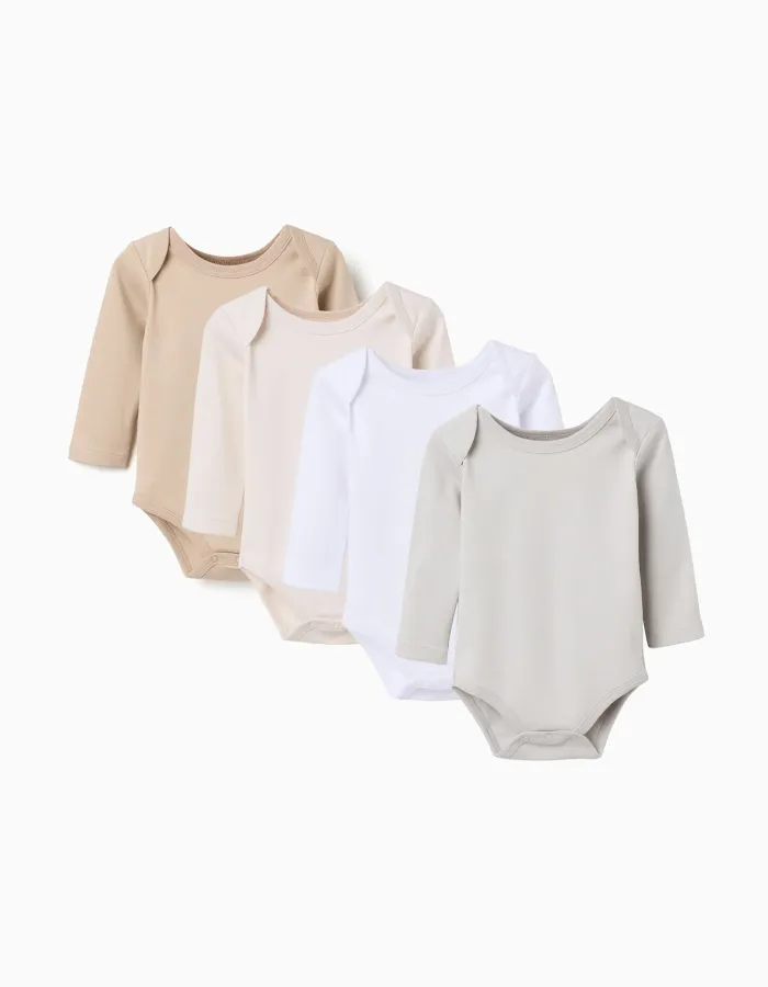 Pack of 4 Cotton Bodysuits for Newborns and Babies 'Pastel', White/Beige