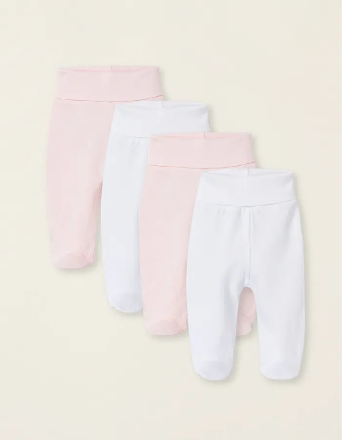 Pack of 4 Footed Trousers for Baby Girls 'Extra Comfy', White/Pink