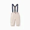Twill Trousers with Removable Straps for Newborns, Beige