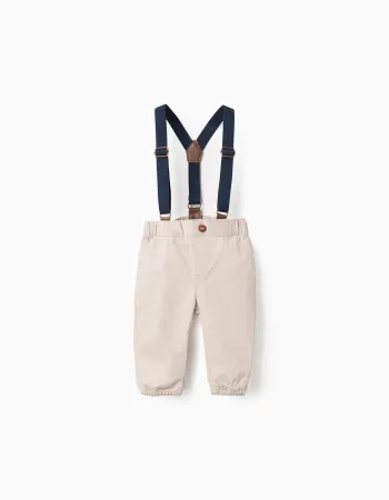 Twill Trousers with Removable Straps for Newborns, Beige