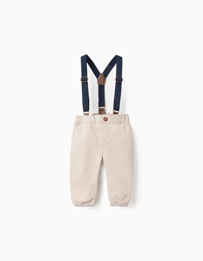 Twill Trousers with Removable Straps for Newborns, Beige