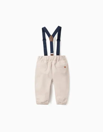 Twill Trousers with Removable Straps for Newborns, Beige