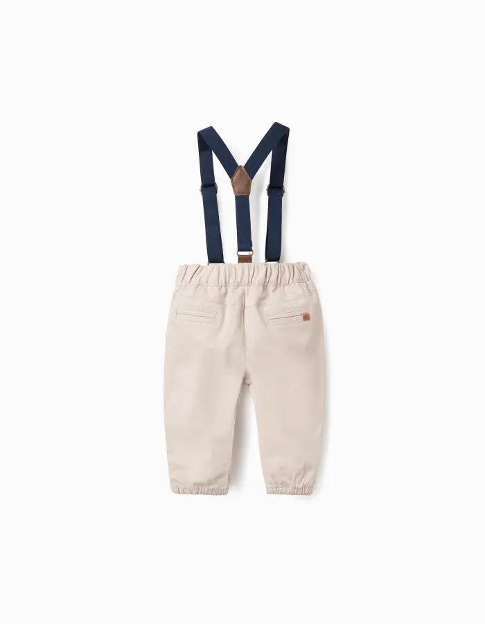 Twill Trousers with Removable Straps for Newborns, Beige
