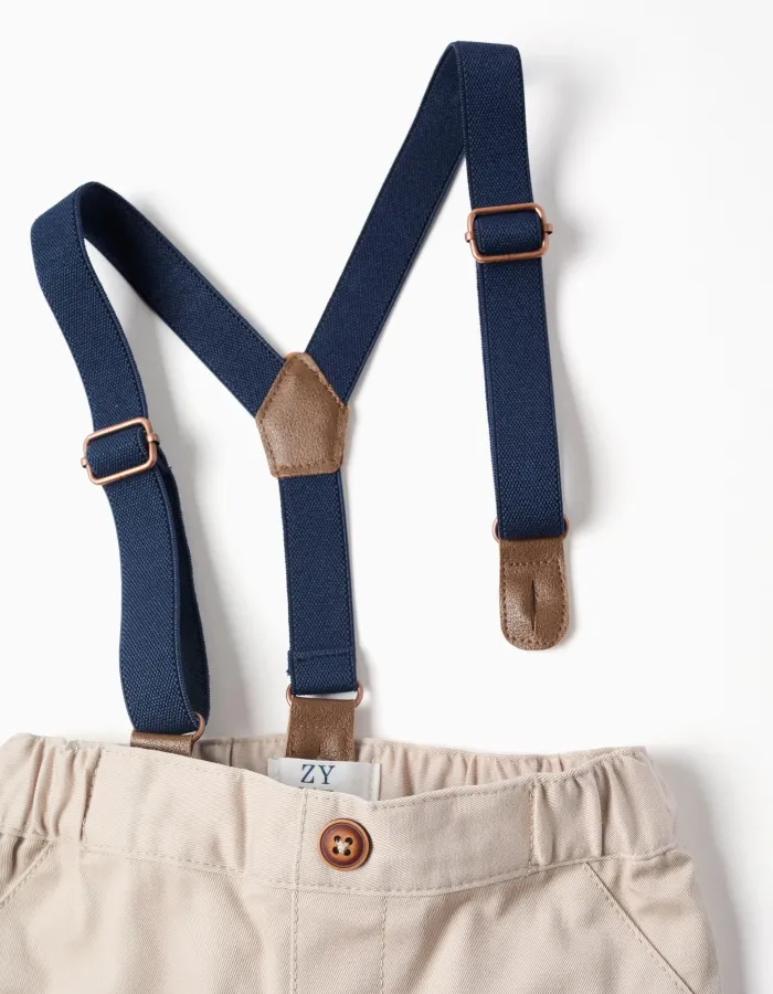 Twill Trousers with Removable Straps for Newborns, Beige