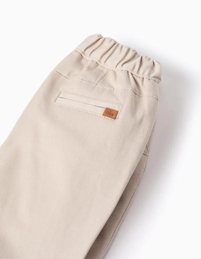 Twill Trousers with Removable Straps for Newborns, Beige