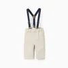 Twill trousers with removable braces for newborn boys, light beige