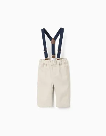 Twill trousers with removable braces for newborn boys, light beige