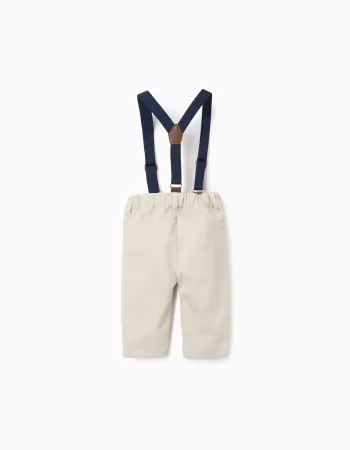 Twill trousers with removable braces for newborn boys, light beige
