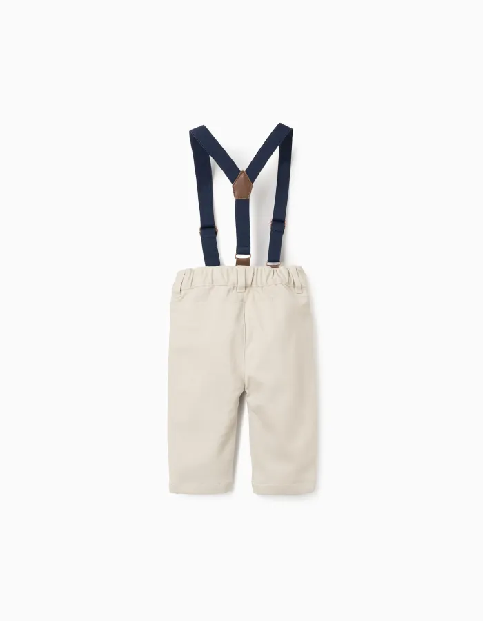 Twill trousers with removable braces for newborn boys, light beige