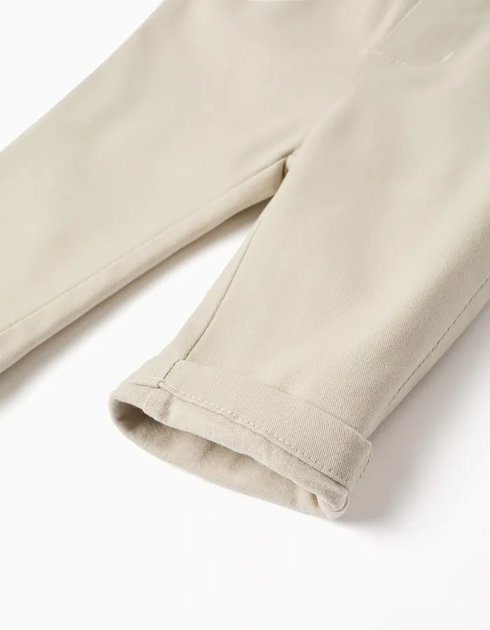 Twill trousers with removable braces for newborn boys, light beige