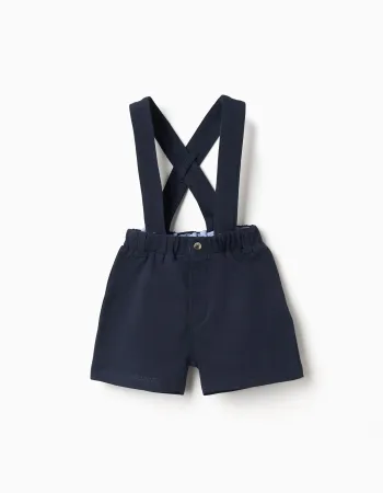 Cotton piqué shorts with braces for newborn boys, dark blue