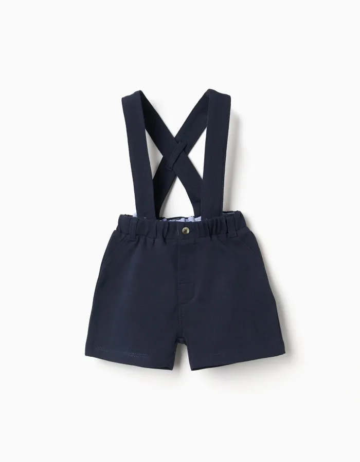 Cotton piqué shorts with braces for newborn boys, dark blue