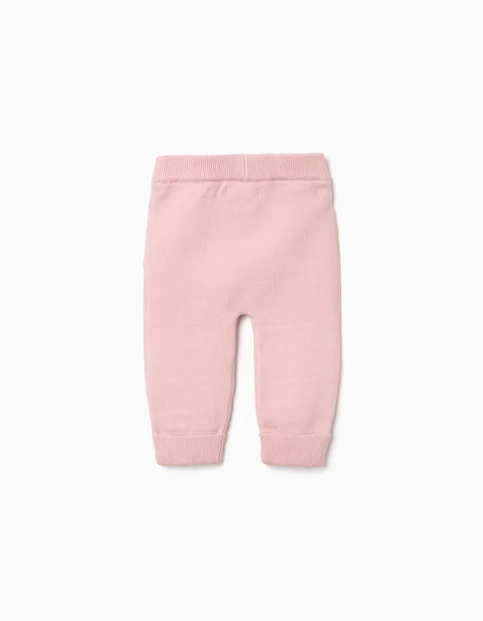 Cotton knit trousers with elastic waist for newborn girls, light pink