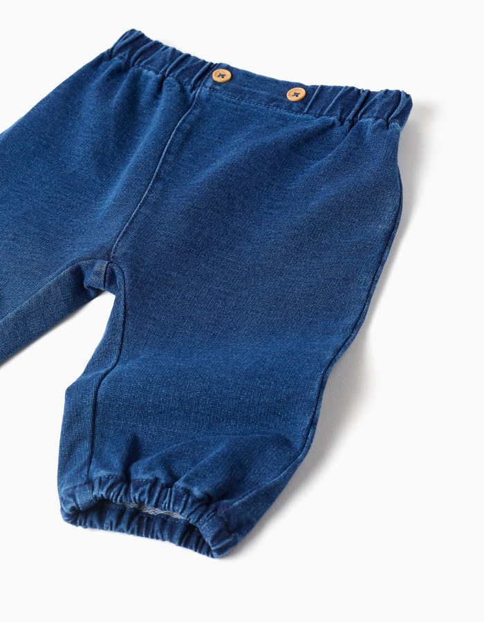 Cotton denim trousers with decorative buttons for newborns, blue
