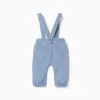 Waffle‑textured cotton trousers with straps for newborn boys, blue