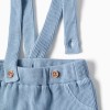 Waffle‑textured cotton trousers with straps for newborn boys, blue
