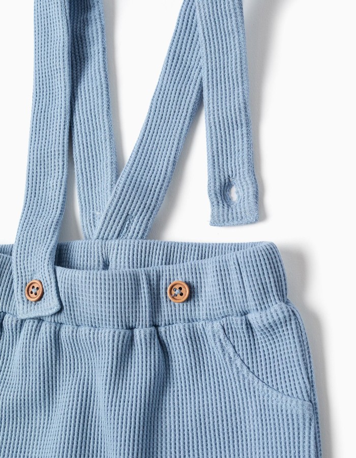 Waffle‑textured cotton trousers with straps for newborn boys, blue