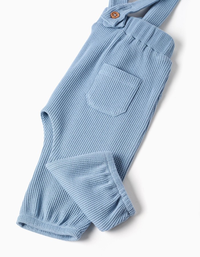 Waffle‑textured cotton trousers with straps for newborn boys, blue