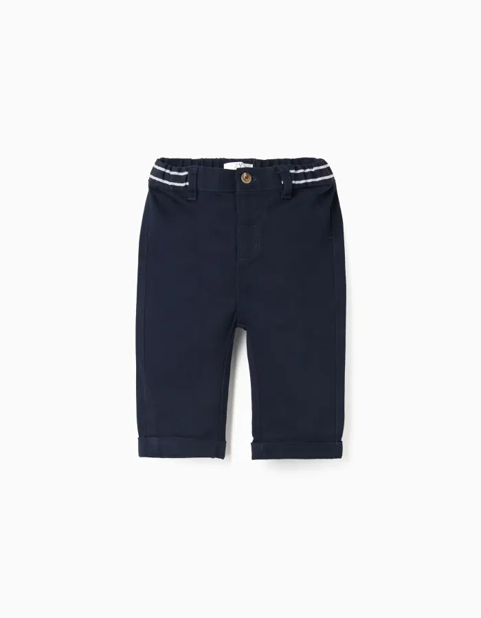 Twill chino trousers with striped tape for newborn boys, dark blue