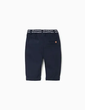 Twill chino trousers with striped tape for newborn boys, dark blue